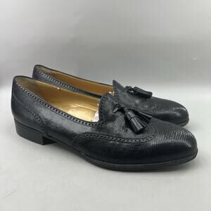 A. Testoni Tassel Loafers Men Size 9.5 Black Leather Brogue Wingtip Slip On Shoe